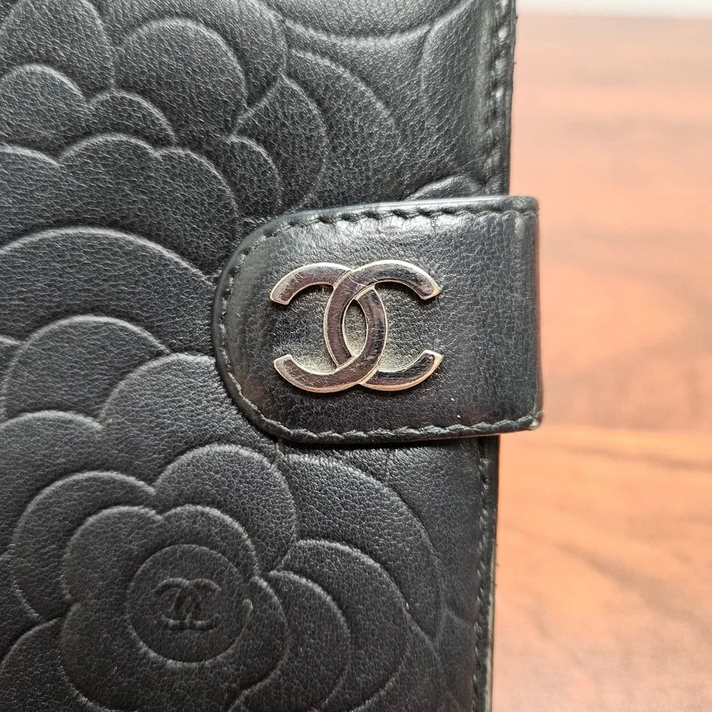 CHANEL Camellia Embossed Lambskin Organizer Wallet Black Silver CC 16 Series